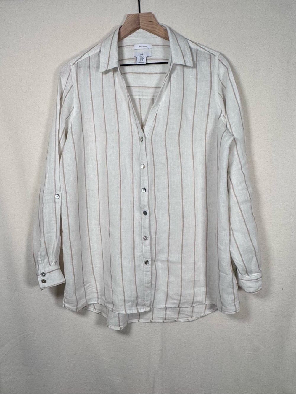 Halston Heritage Ivory w/Tan Stripes Linen Shirt size M, Classic, Old Money Chic